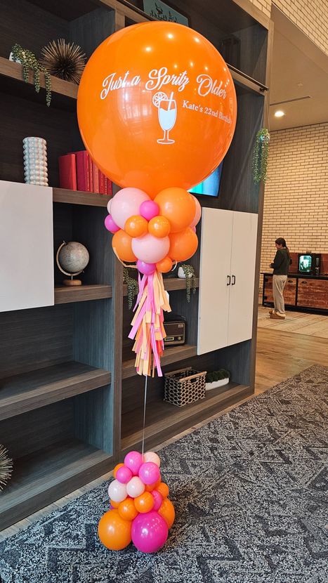 Single Large Helium Bouquet. Includes a single large latex topper with optional custom vinyl wording, fringe on a cluster weighted base. 
