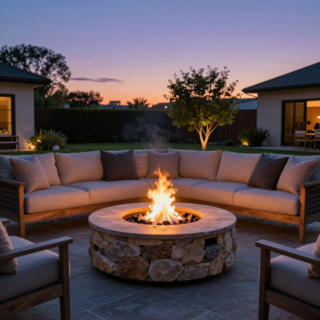 Modern patio with curved sofa seating around a lit stone fire pit at dusk