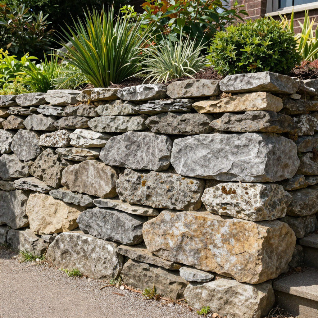 Stacked stone retaining wall beside a paved path, with green shrubs and spiky plants above it
