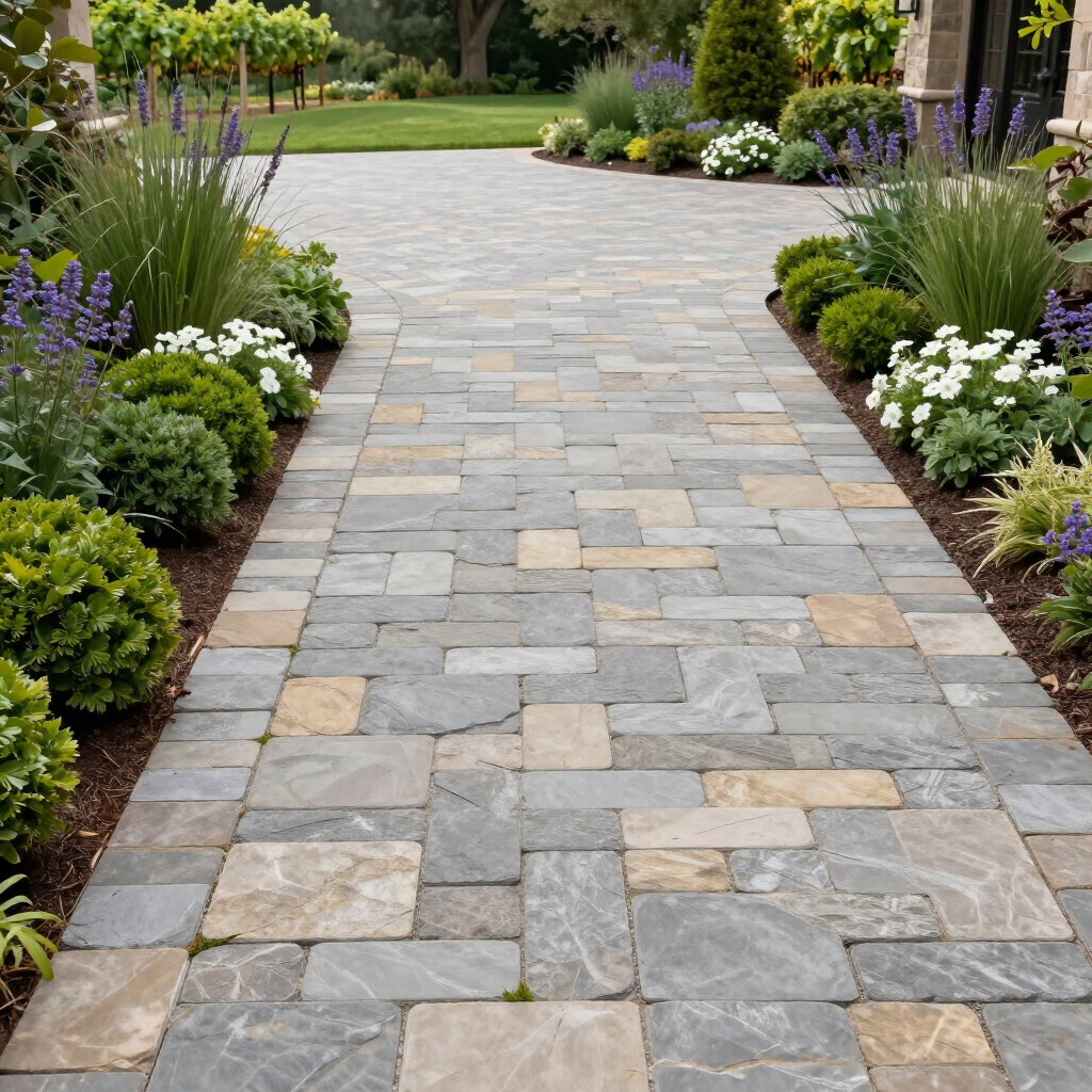 Stone garden path bordered by purple and white flowers leading into a landscaped yard