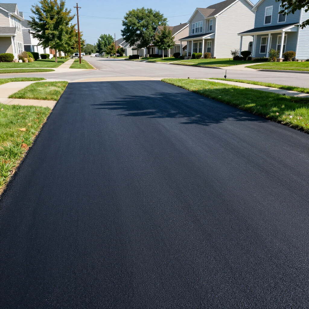 Freshly paved suburban street with white houses, green lawns, and trees on a sunny day