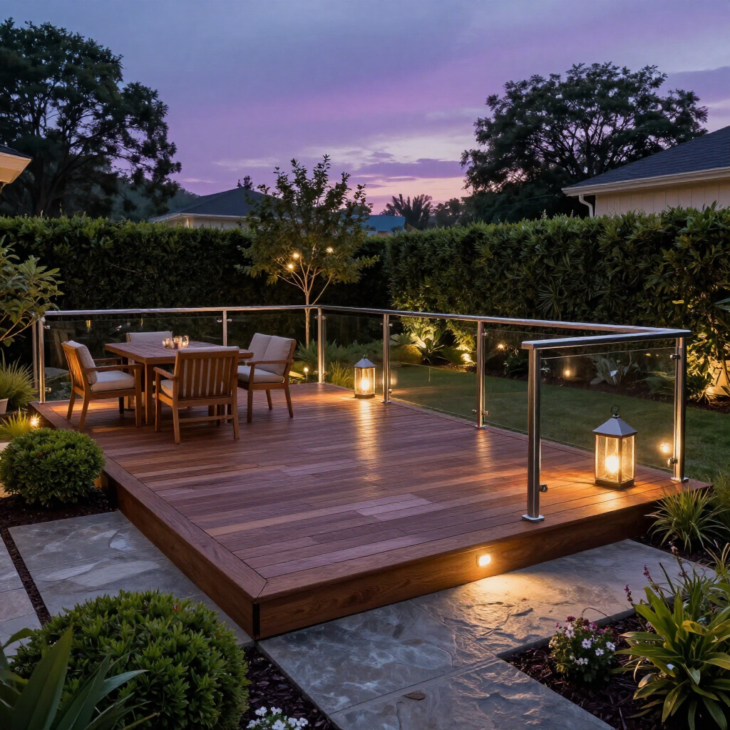 Wooden backyard deck at dusk with dining table, string lights, and lanterns, surrounded by trees and hedges
