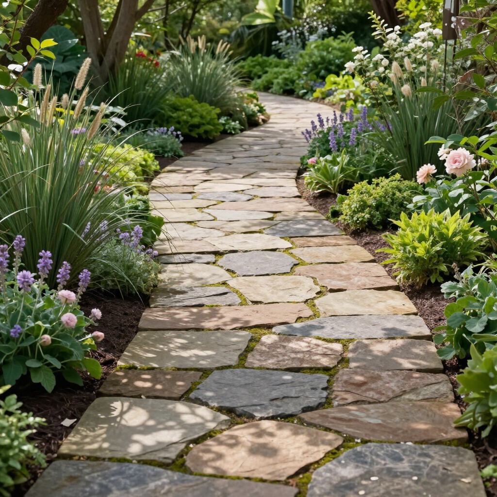Stone garden path winding through lush greenery and blooming flowers