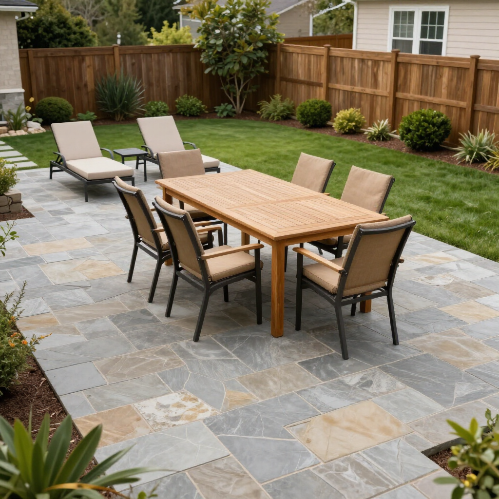 Patio with dining table, chairs, lounge chairs, and a grassy backyard surrounded by a wooden fence.