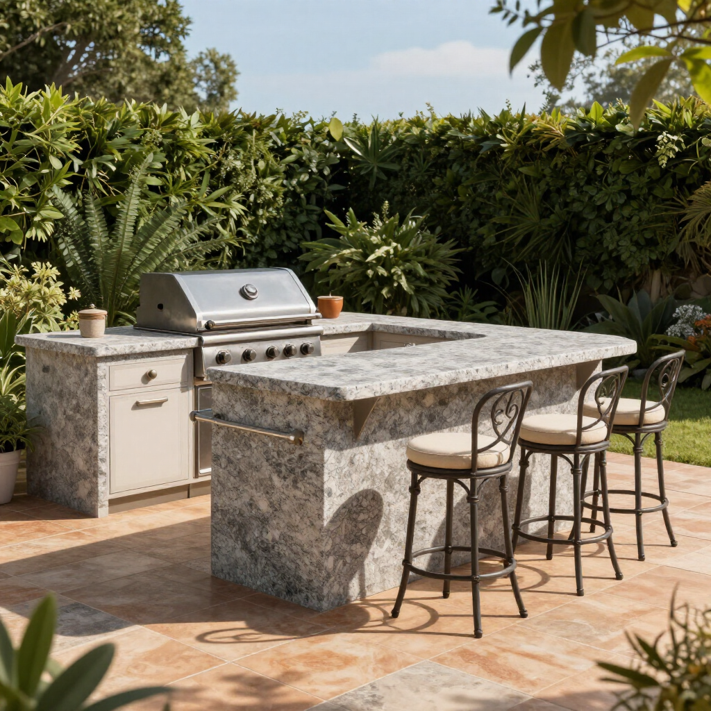 Outdoor stone patio with a built-in grill, island, and bar stools beside a leafy hedge.