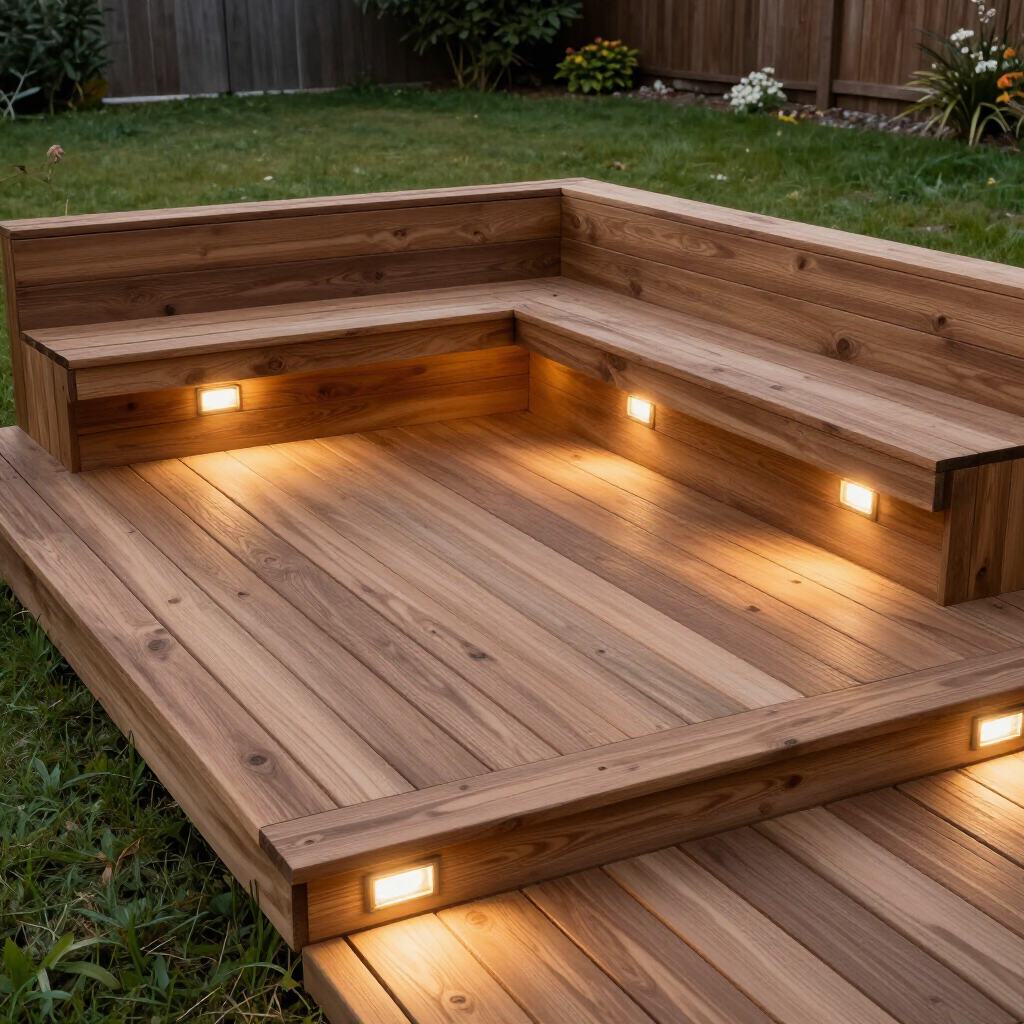 Wooden outdoor deck seating area with built-in bench lights and low steps in a backyard