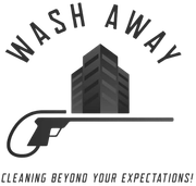 Wash Away logo with handgun-shaped building and slogan &ldquo;Cleaning Beyond Your Expectations&rdquo;
