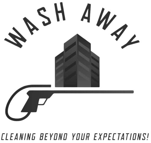 Wash Away logo with handgun-shaped building and slogan &ldquo;Cleaning Beyond Your Expectations&rdquo;