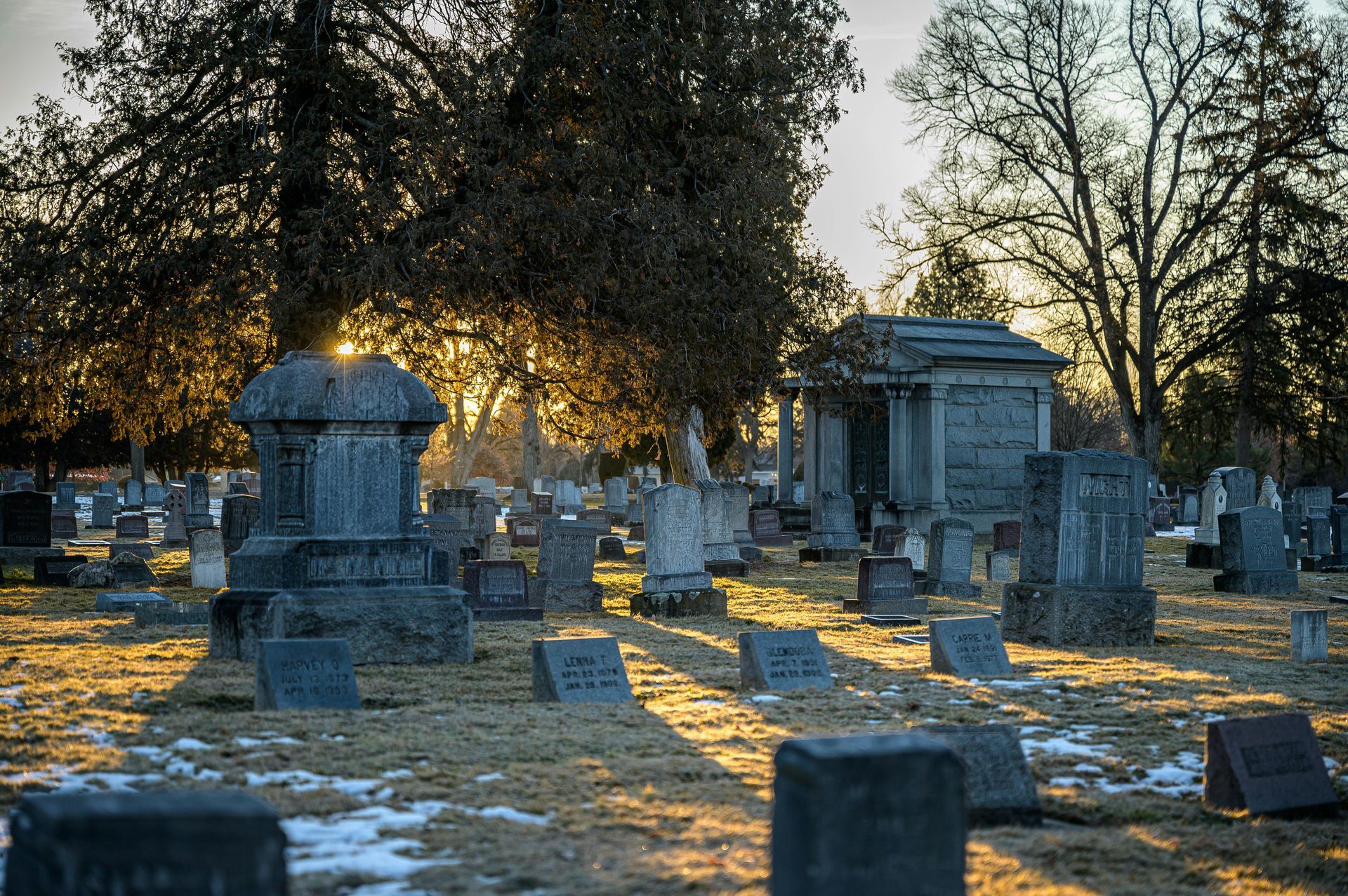 Cemetery with headstones, trees, and sunlight casting shadows on the ground.