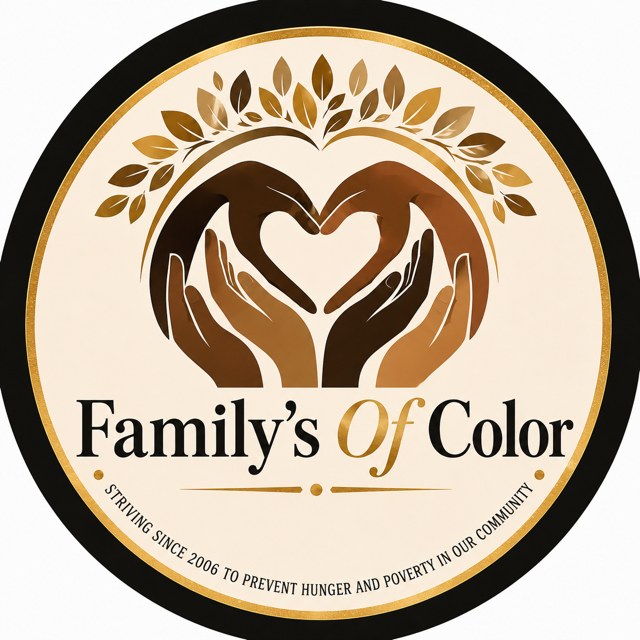 Family&rsquo;s Of Color logo with hands forming a heart under a gold leafy wreath
