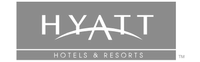Hyatt Hotels & Resorts logo with white text on a grey rectangle.