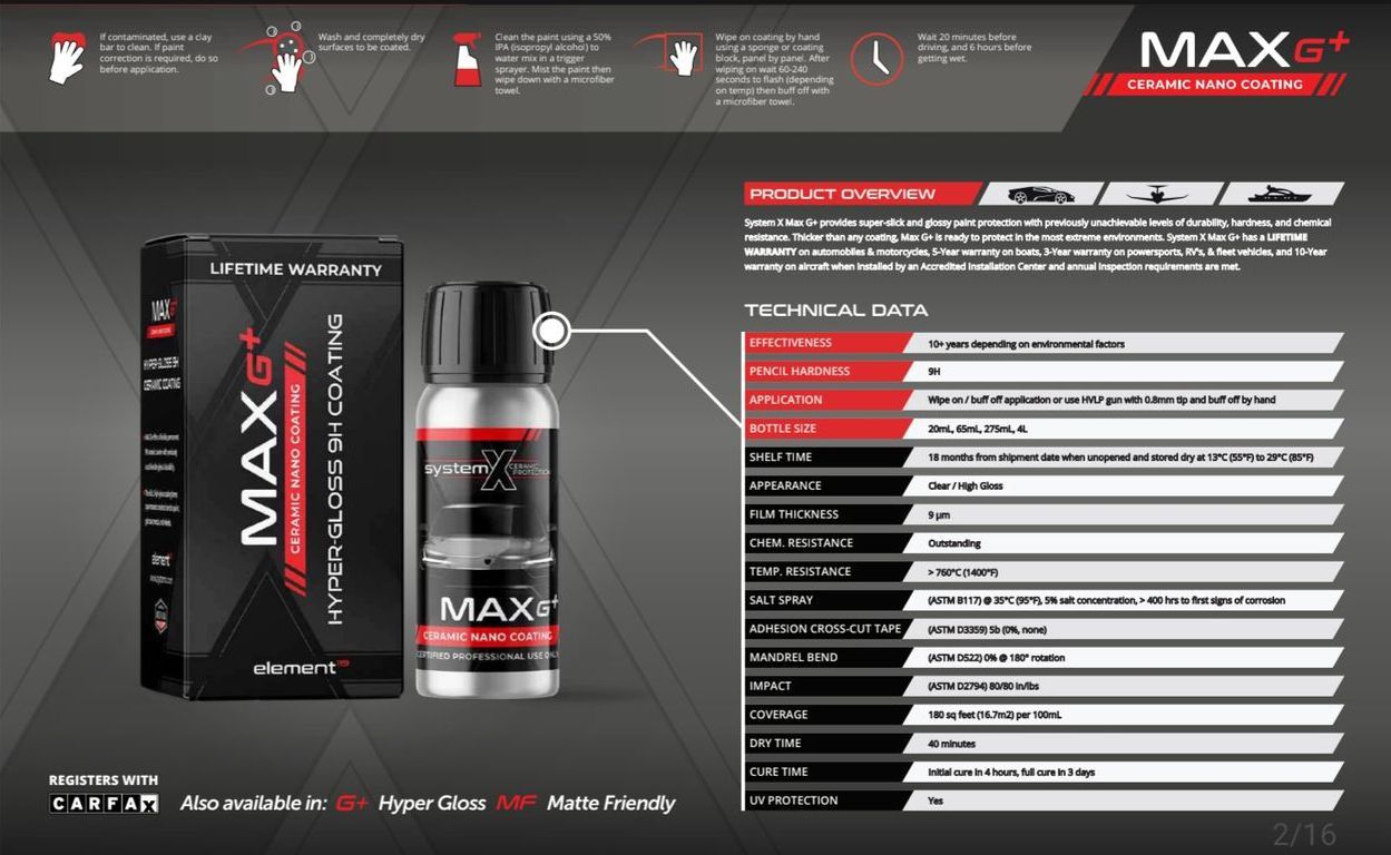 MAX+ supplement ad with black-red bottle and box, product details chart on dark background