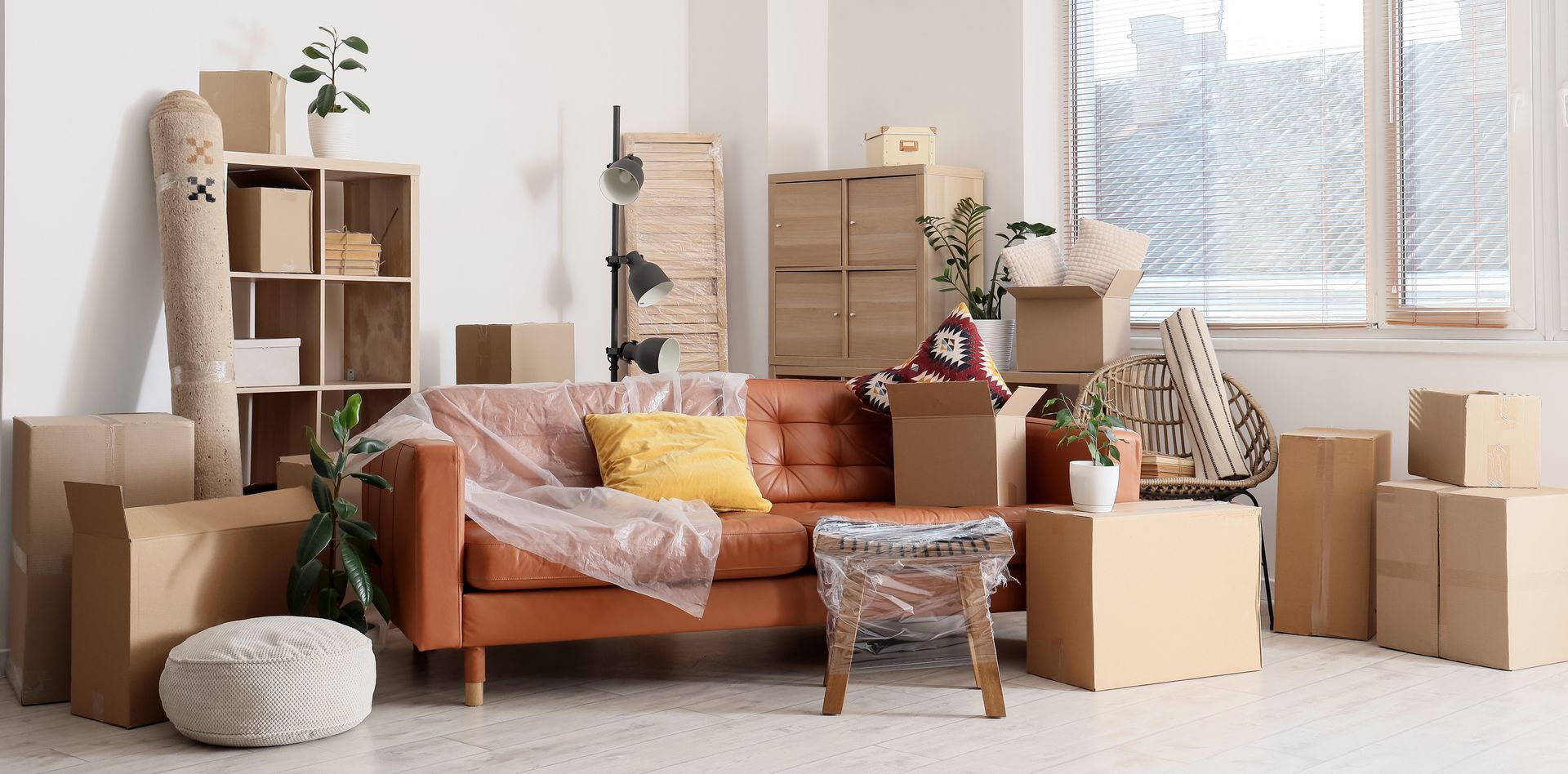 Cozy living room with a sofa, boxes, shelves, and cushions, suggesting a move or home organization