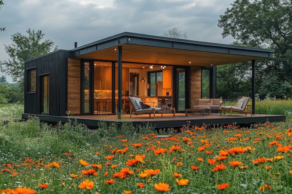 A small house is sitting in the middle of a field of flowers.