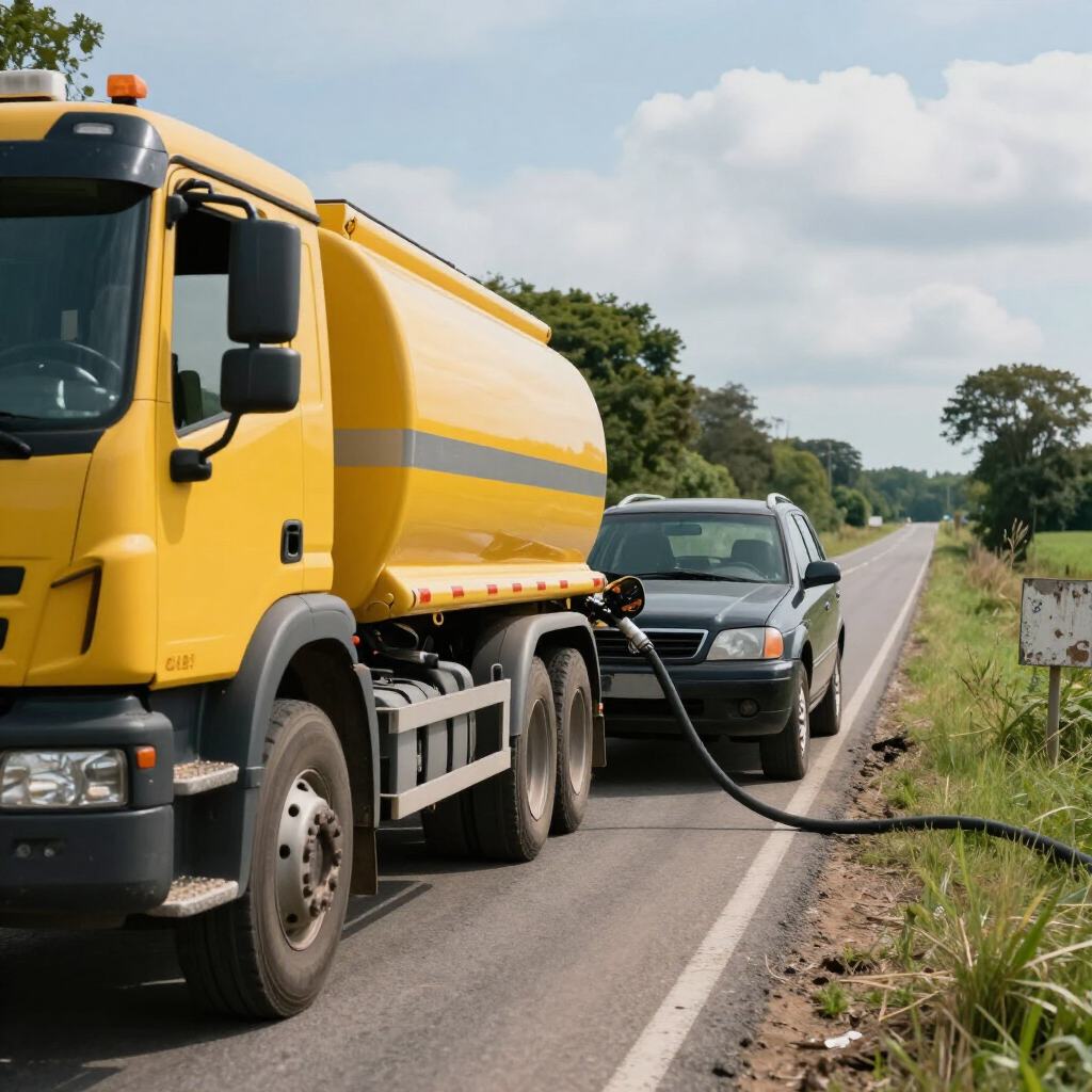 A yellow tanker truck parked on the shoulder of a road is refueling a dark grey SUV via a long hose.