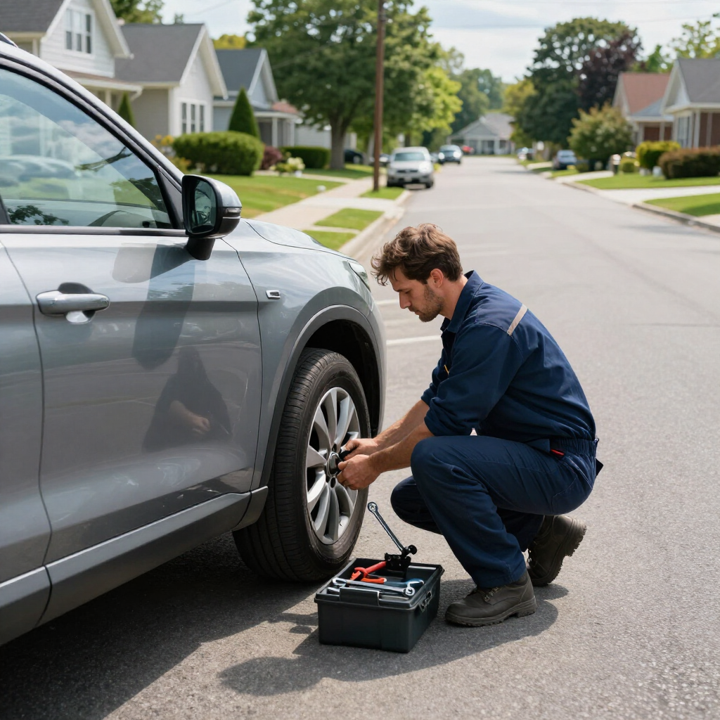 A technician in blue workwear kneels on a residential street to change the tire of a gray SUV with a toolkit nearby.