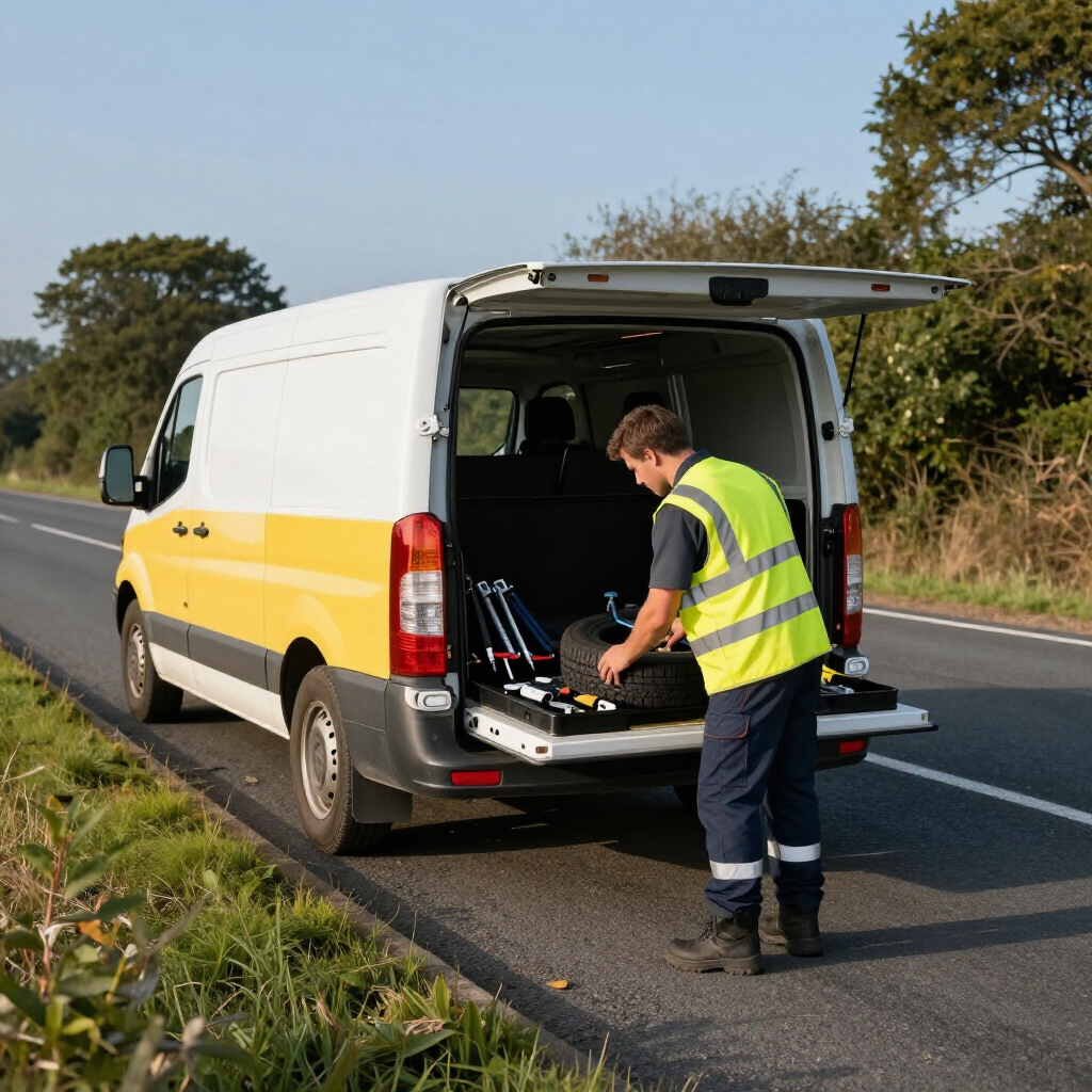 A roadside assistance worker in a yellow reflective vest prepares a spare tire from the back of a white and yellow van.