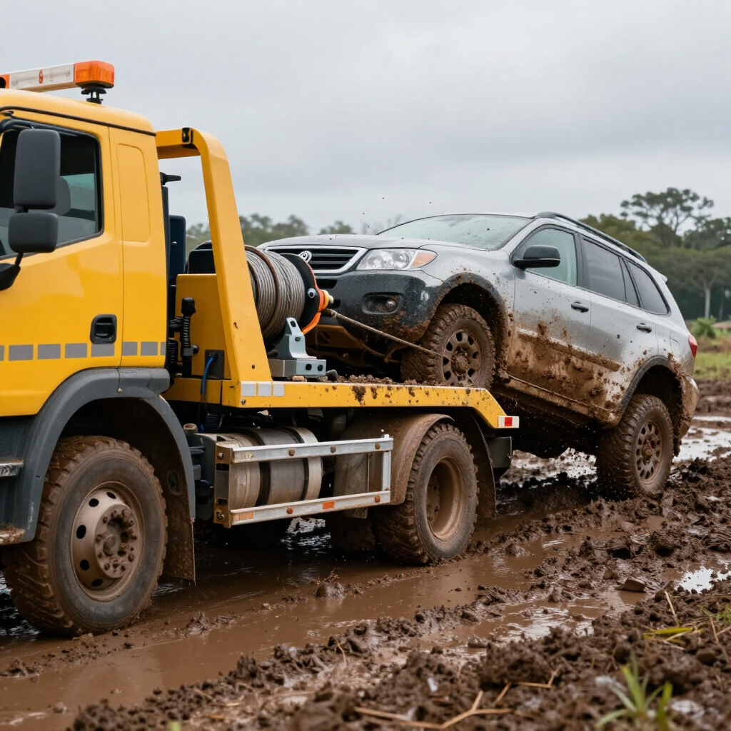 A yellow tow truck pulling a muddy silver SUV out of thick, wet mud in a rural field.
