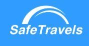 The Safe Travels logo features white text below a white stylized arch on a solid blue background.