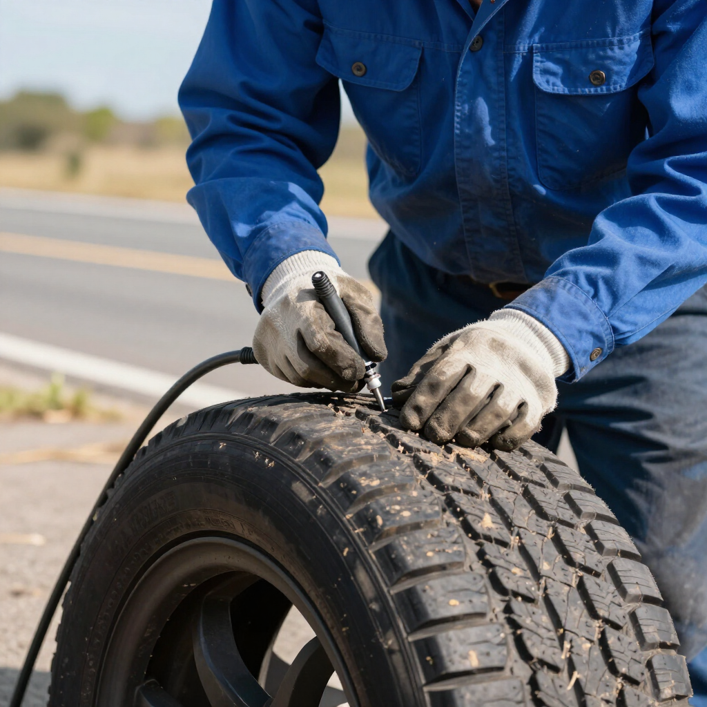 A person wearing work gloves and a blue uniform uses a tire pressure gauge on a tire outdoors.
