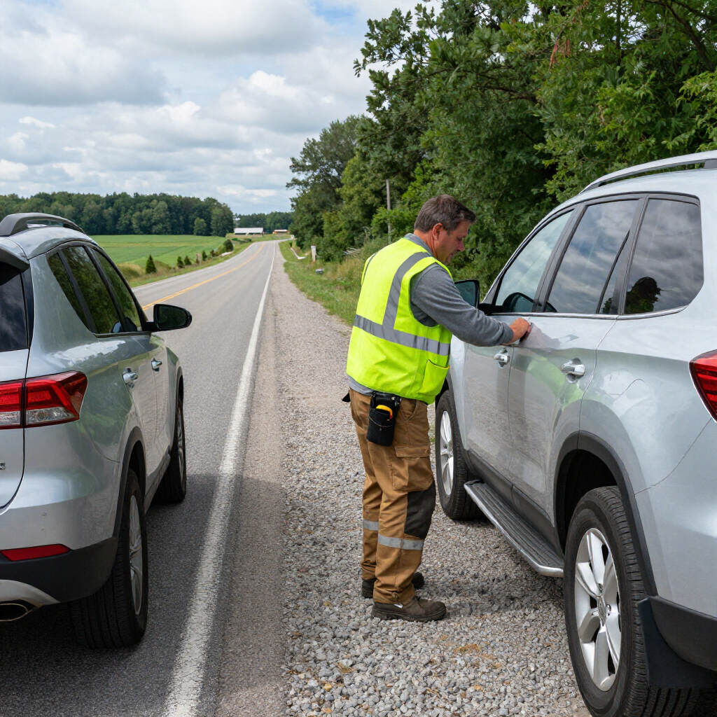 A person in a high-visibility vest stands on a gravel road shoulder, interacting with a silver SUV near another vehicle.
