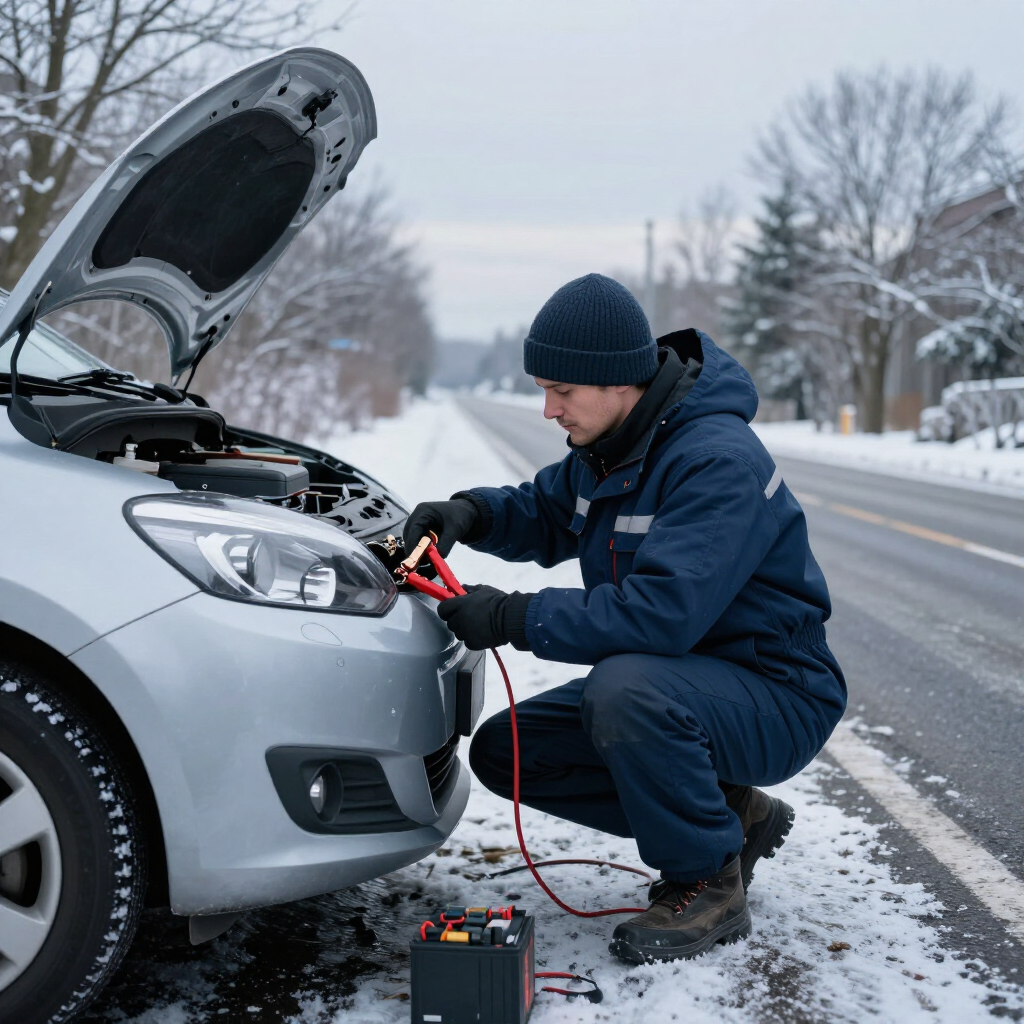 A person in a blue uniform and hat crouches by a silver car with an open hood, connecting jumper cables in the snow.