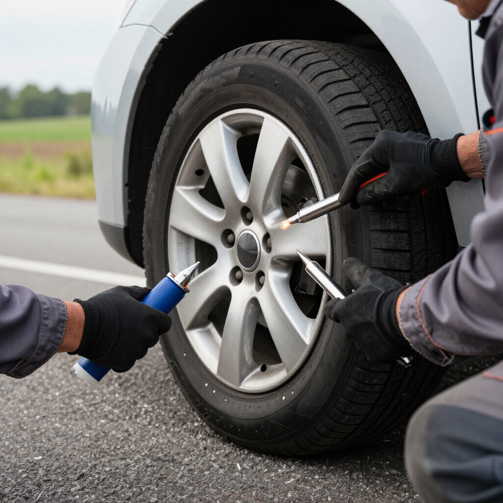 Two people in work uniforms and gloves inspect a car wheel on the side of a road using handheld tools.