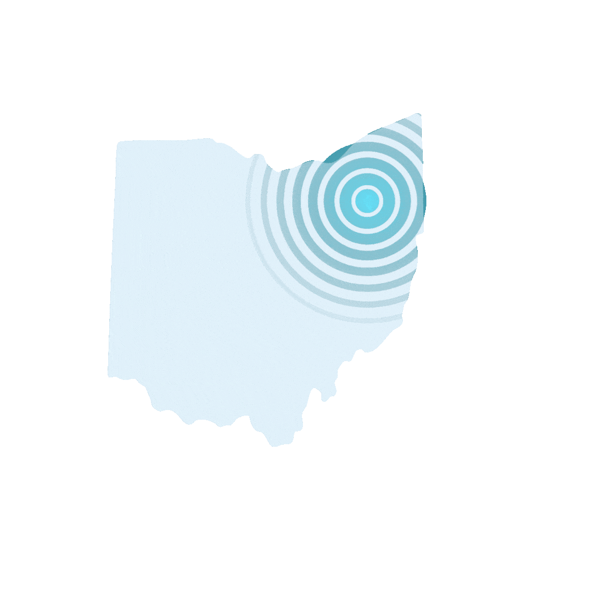 Light blue outline of Ohio with concentric target rings in the northeast corner
