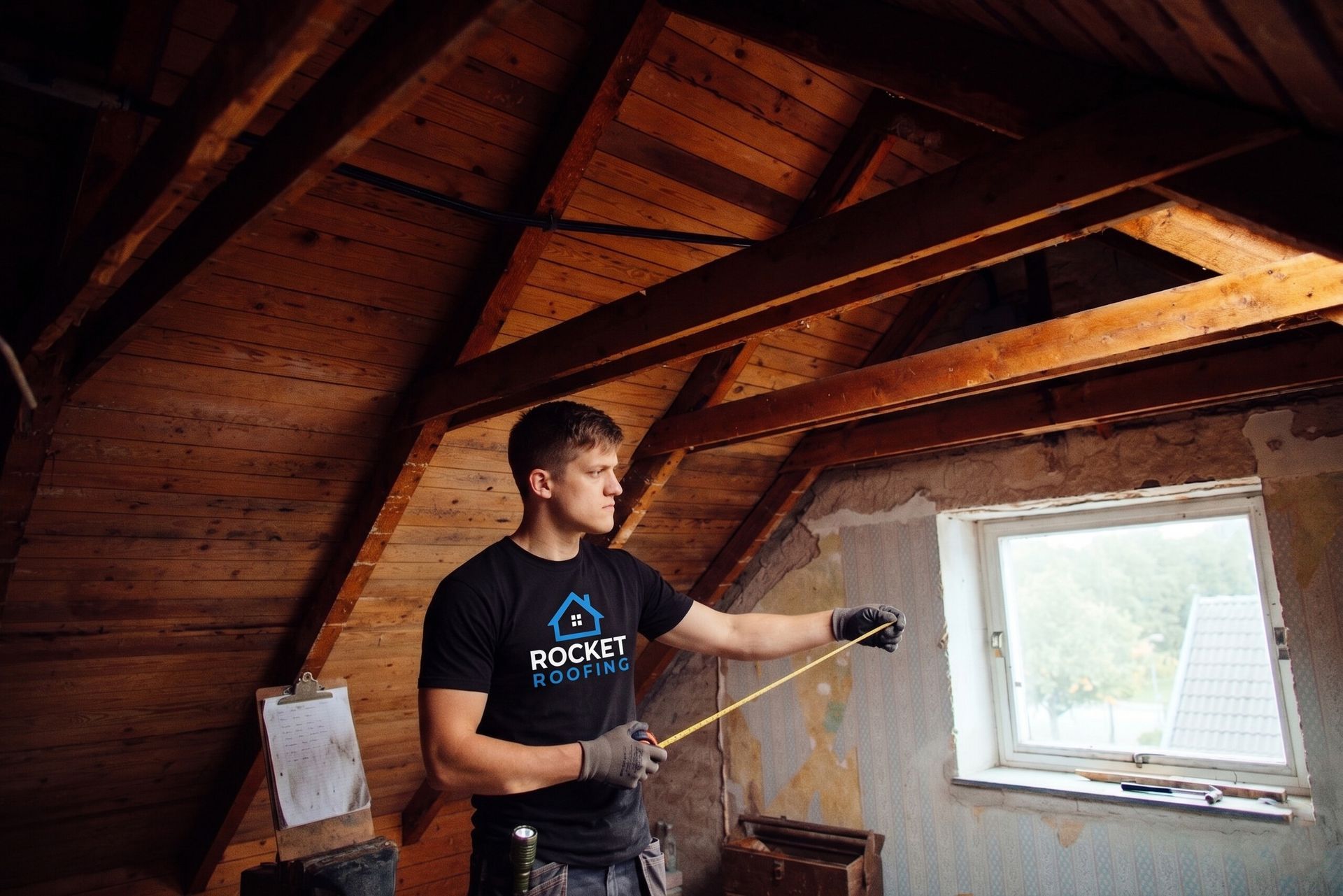 Worker inspecting attic beams beside a bright window in a wooden attic