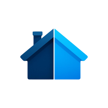 Blue house icon with a chimney and two-tone roof