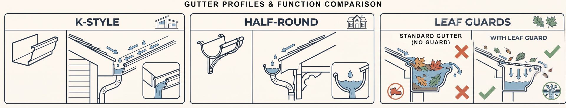 Three-panel diagram showing K-style, half-round, and leaf guard gutter installation steps.