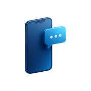 Blue smartphone with a chat bubble and typing dots, suggesting messaging or communication