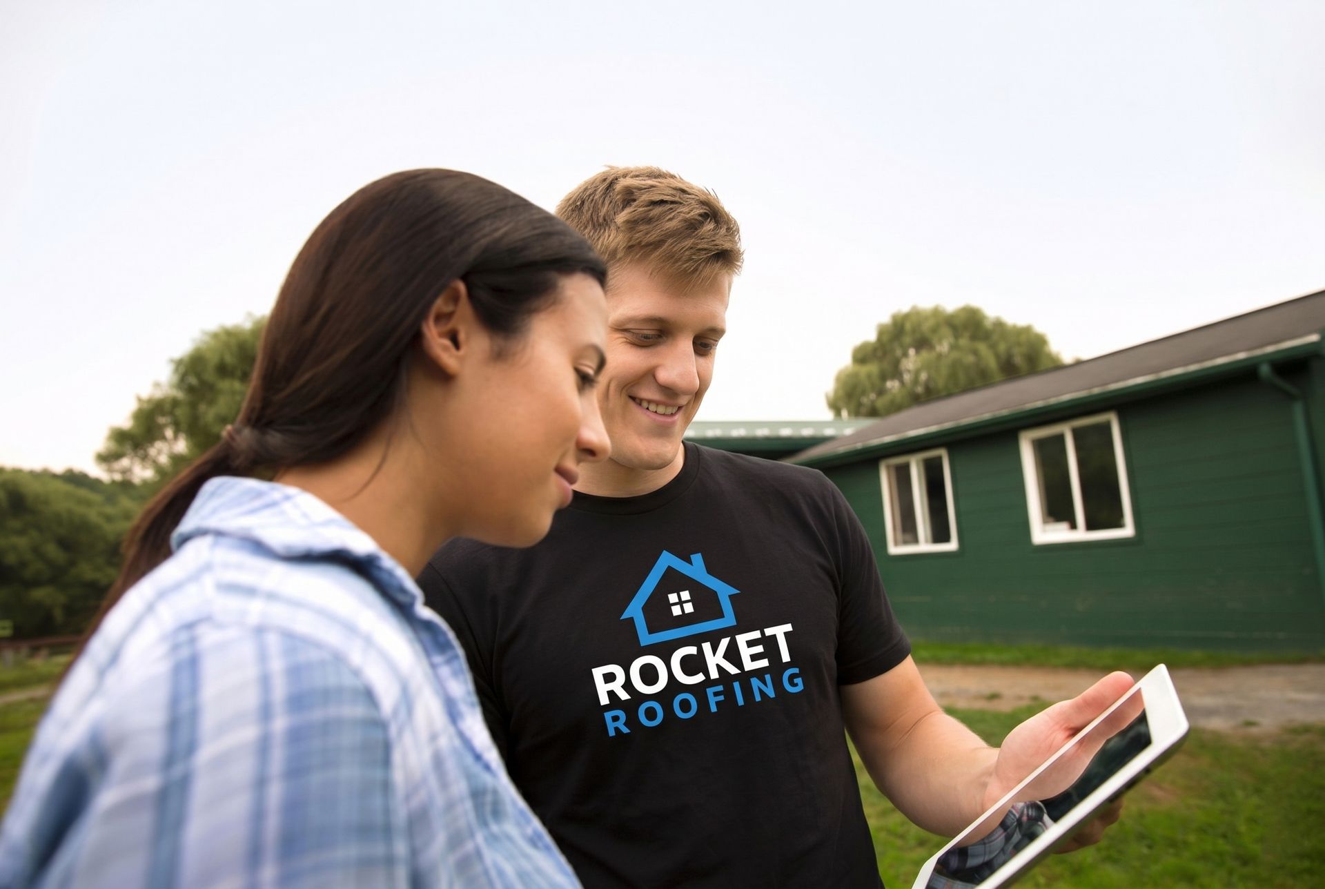 Two people reviewing a tablet outside a house, one wearing a Rocket Roofing shirt.