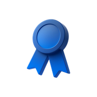 Blue award ribbon badge with two hanging tails, isolated on a white background