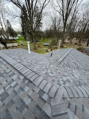 Gray shingled rooftop with vents, overlooking a wooded yard with tombstones and leafless trees