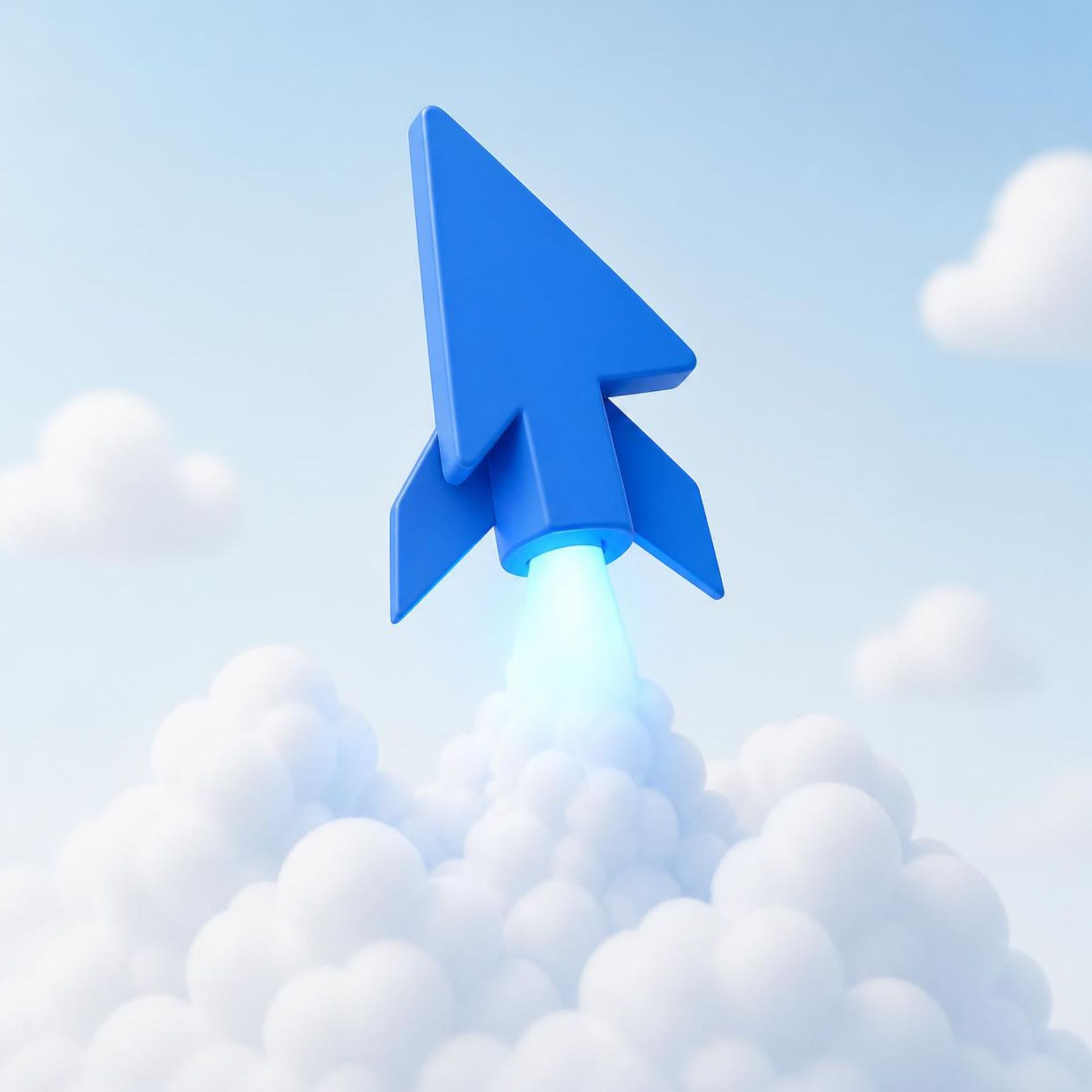 Blue rocket launching above fluffy clouds with a glowing exhaust trail