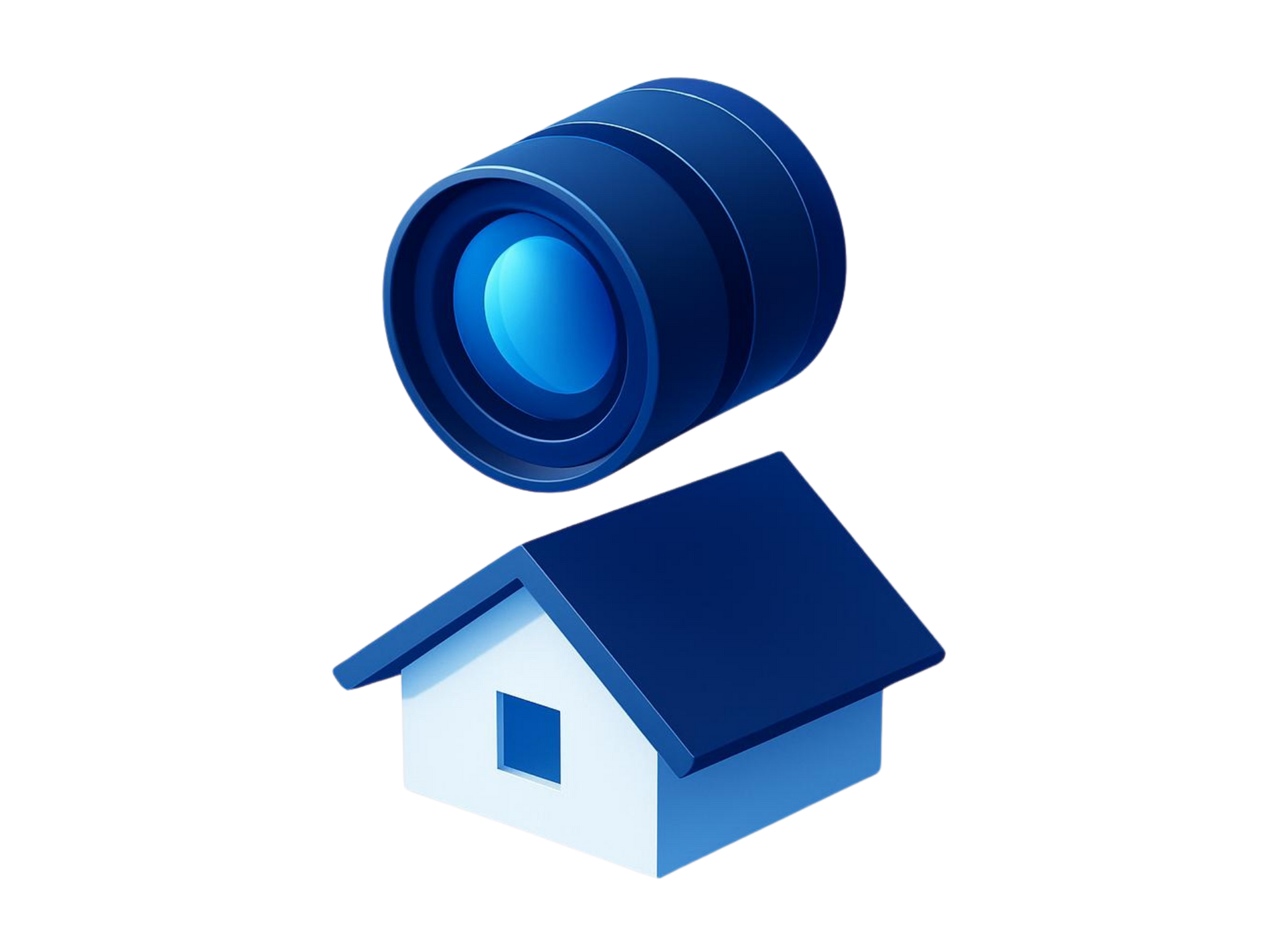 Blue camera lens above a blue house icon on a white background