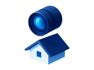 Blue camera lens above a blue house icon on a white background