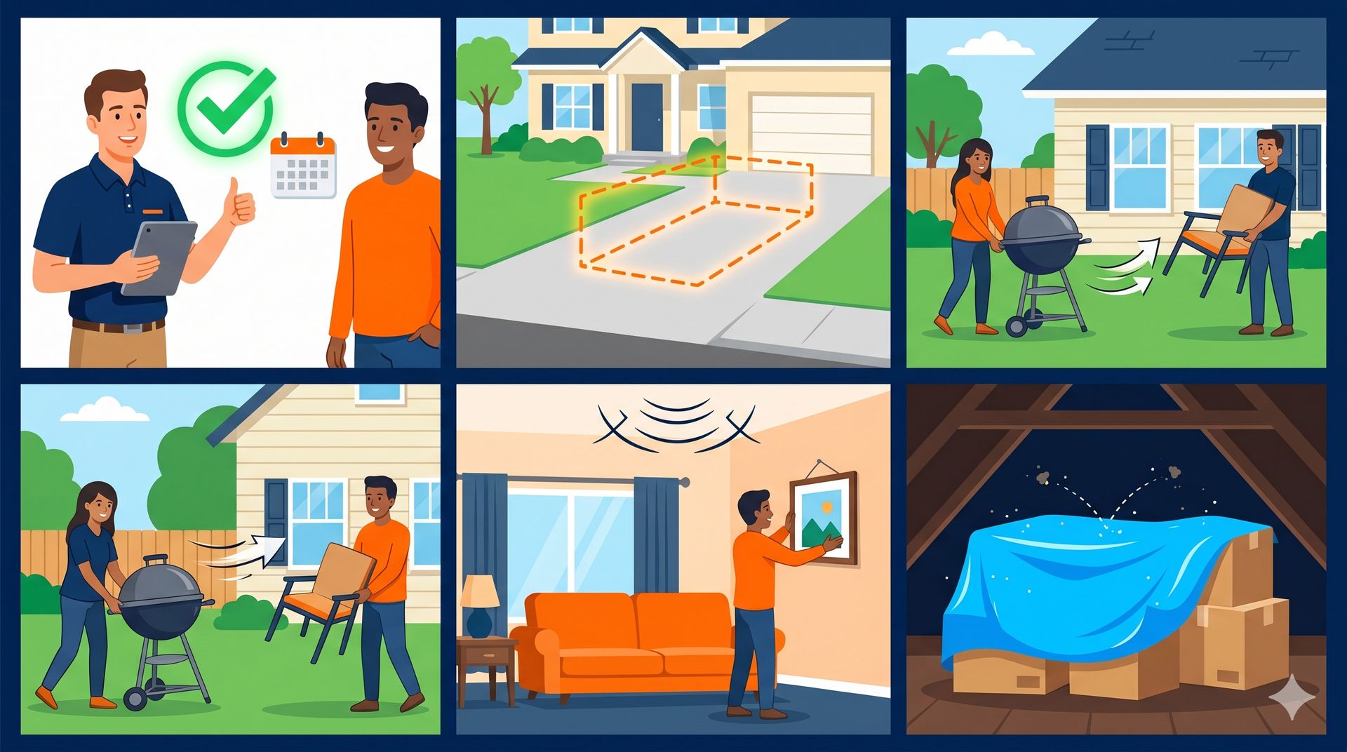 Contractors inspecting a house remodel, with blueprint plans and a tarp-covered materials pile
