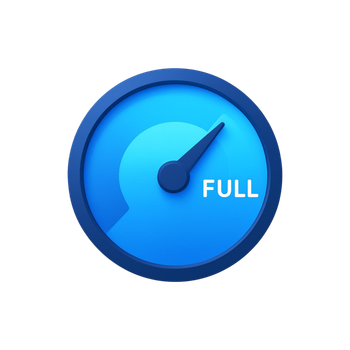 Blue circular gauge icon showing a full level indicator with a needle pointing high, labeled “FULL”