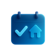 Blue calendar icon with a check mark and home symbol