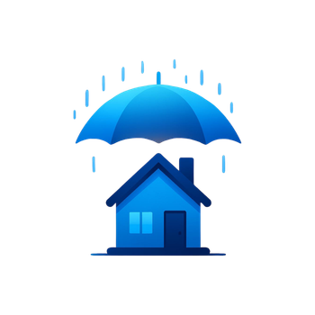 Blue house sheltered by a large blue umbrella with raindrops falling around it.