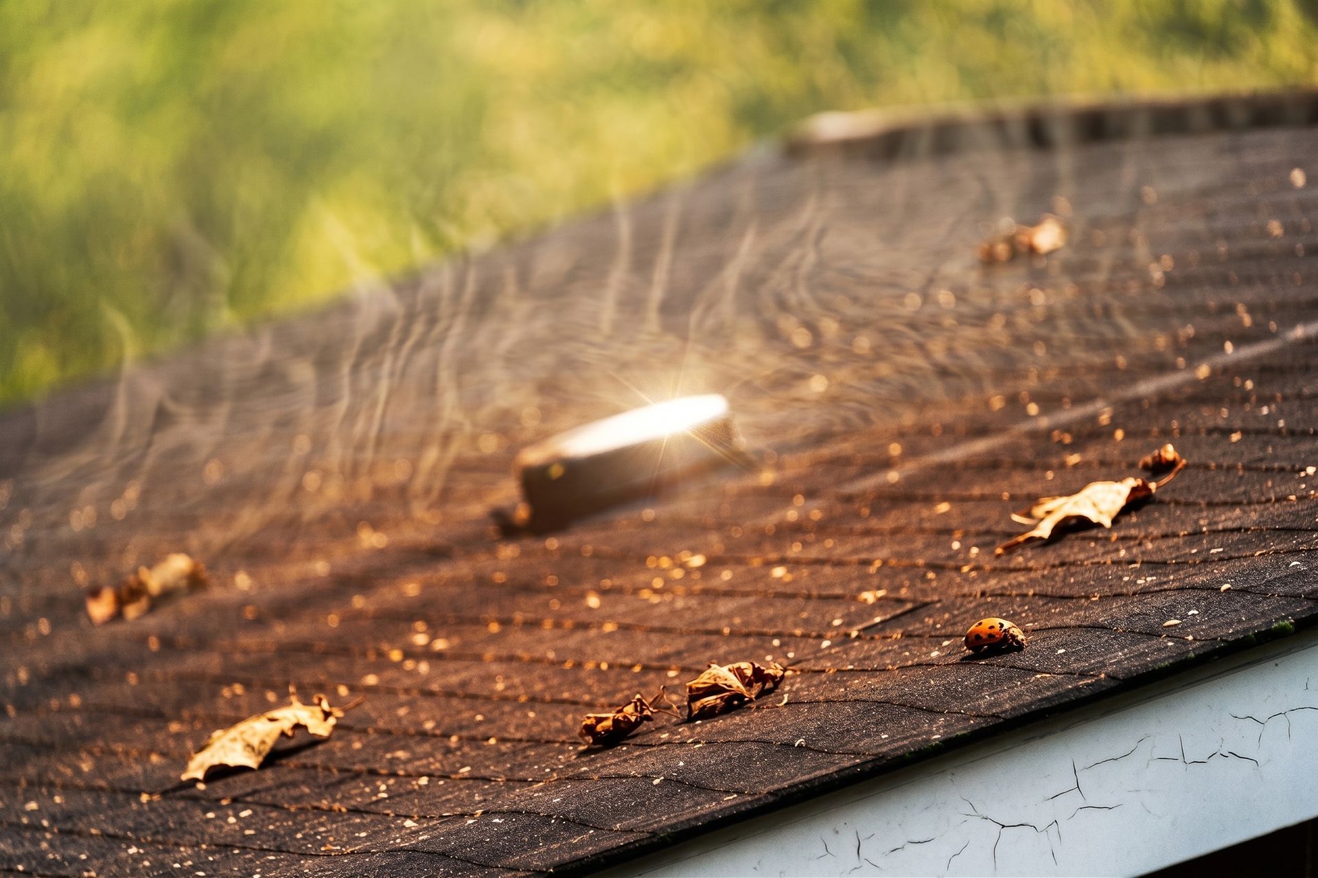 Sunlit shingled roof with scattered leaves and a small vent
