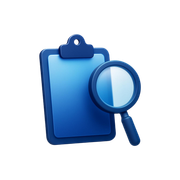 Blue clipboard with a magnifying glass icon on a white background