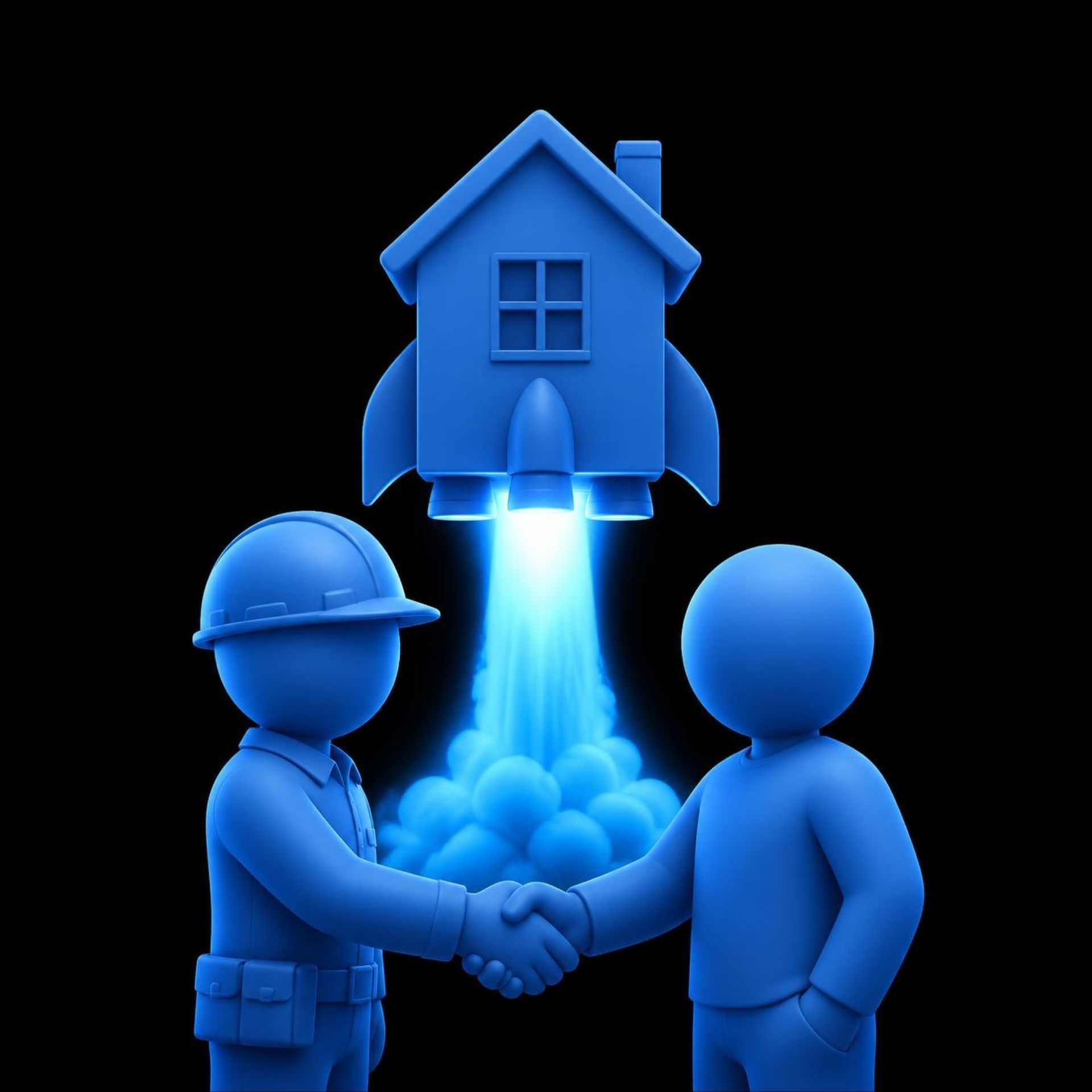 Blue handshake beneath a small house launching upward with a bright beam and clouds of smoke