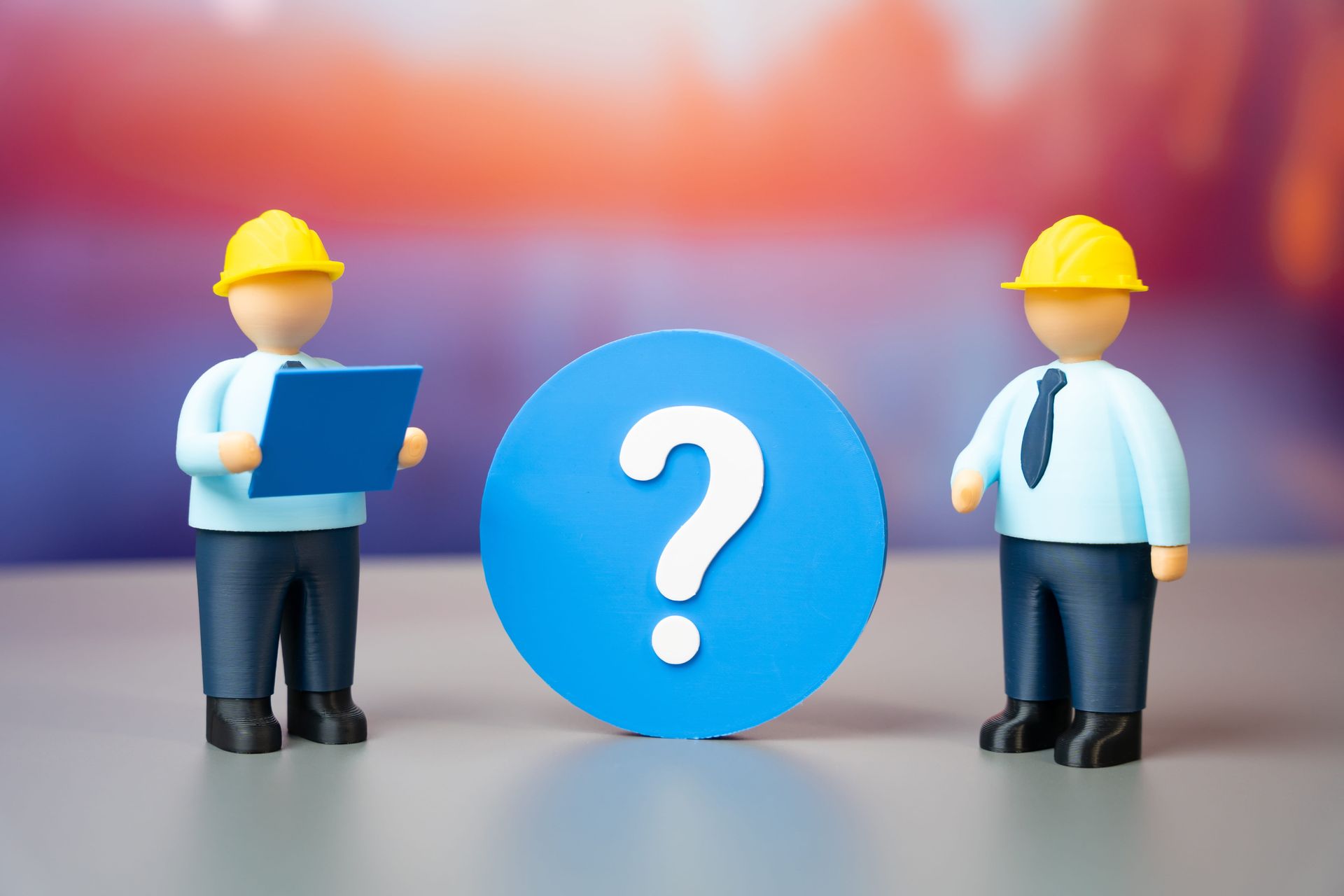 Two construction workers stand beside a blue question mark in a blurred office setting.
