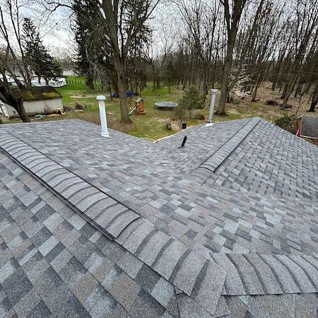 Gray shingled roof with two vents overlooking a wooded backyard and yard equipment