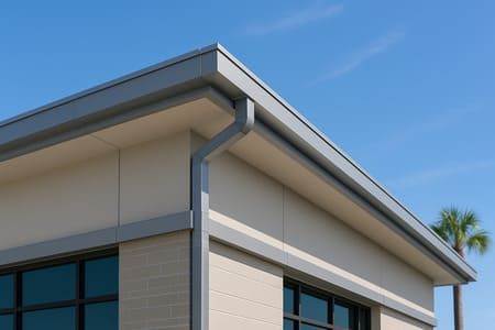 Modern building corner with gray roof, beige walls, and blue-tinted windows against a clear sky