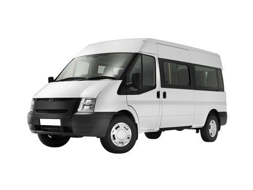 White passenger van, black grille and bumpers, on a white background.
