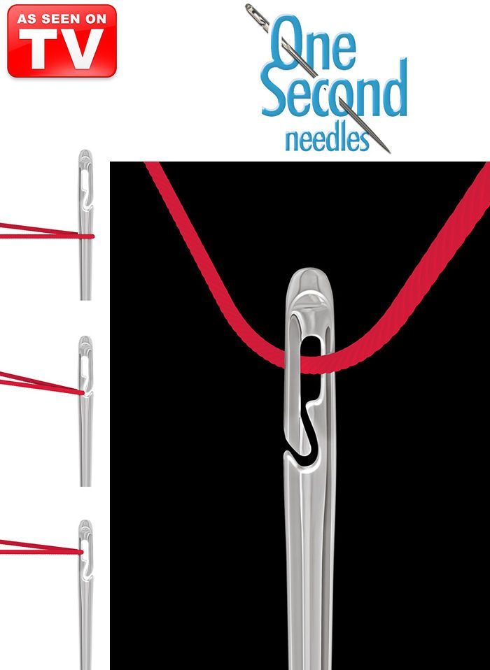 Advertisement for One Second needles showing a threaded sewing needle on a red thread loop and an “As seen on TV” badge
